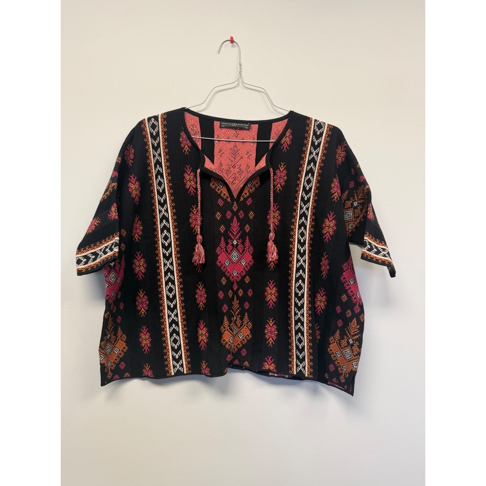 Peruvian Connection Katerina Pima Cotton Geometric Tassel Boxy Top XS/S